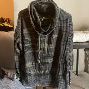 Cowl neck waffle knit sling sleeve shirt